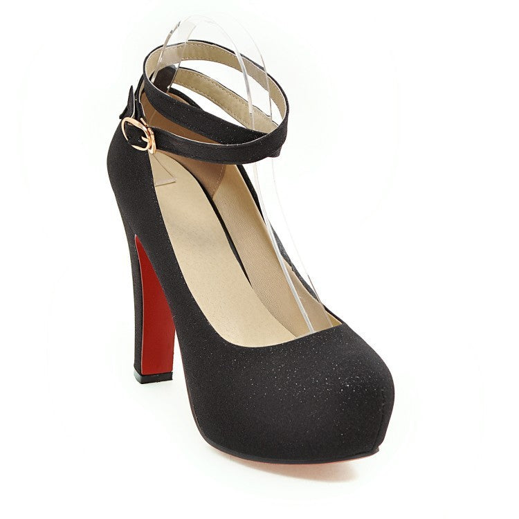 Ladies High Heels – Round Toe Platform Pumps with Buckle & Block Heel